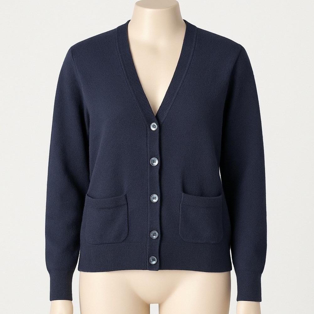 Vintage 100% Wool Button Cardigan Size XL Navy Blue Pockets Preppy Fisherman